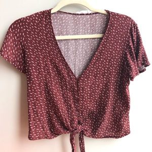 Button tie front v-neck crop top